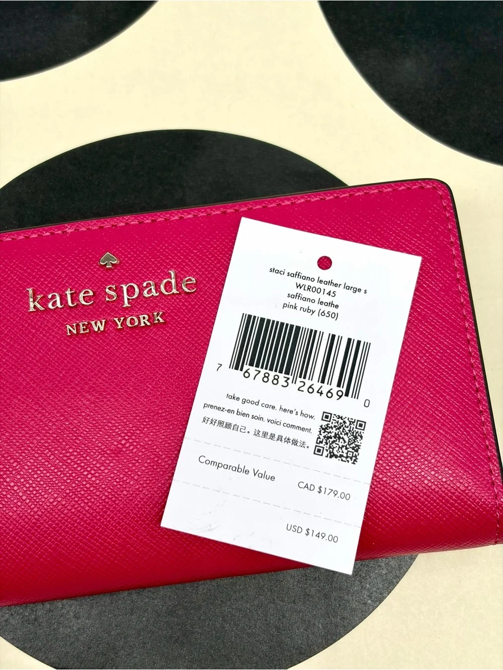 Kate Spade staci saffiano leather Lg. Slim Wallet  Pink Ruby